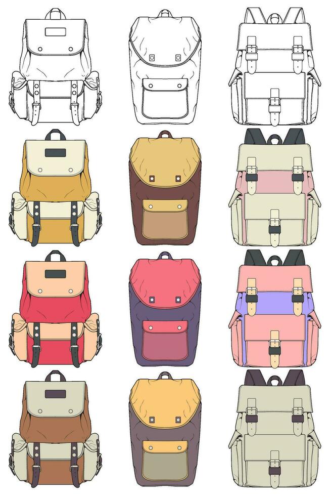 mano dibujado colorido vector conjunto de mochilas dibujos animados casual mochila, frio mochila colorido mochilas vector ilustración.