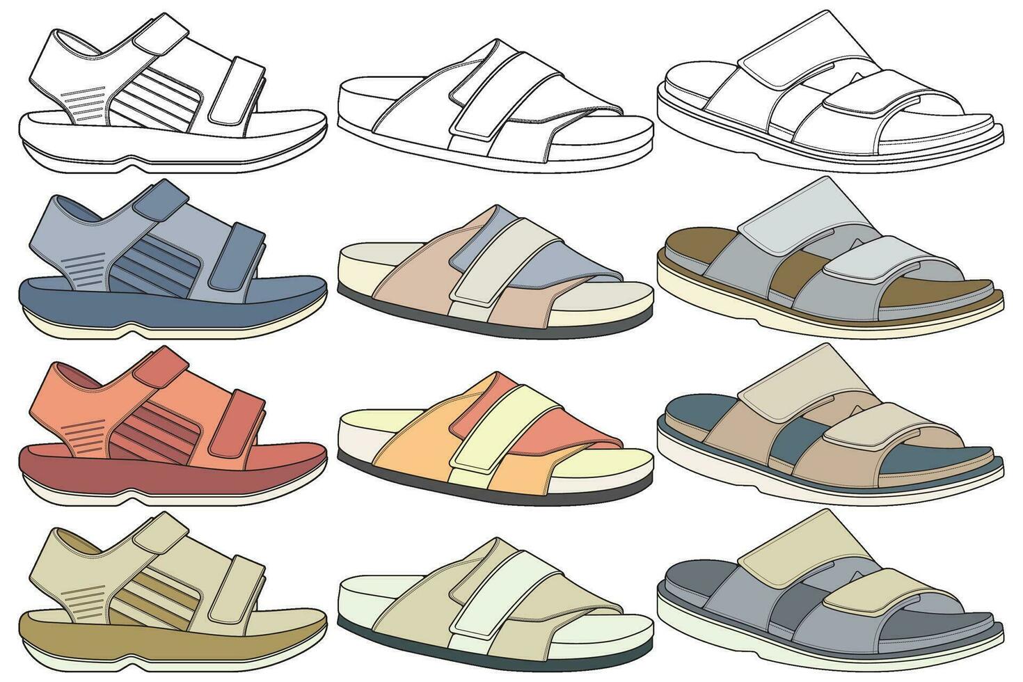 Strap sandals coloring drawing vector, strap sandals drawn in a sketch style, bundling strap sandals template full color, vector Illustration.