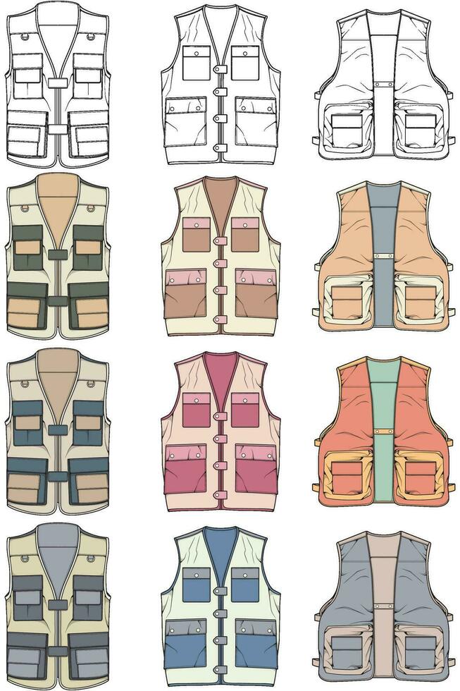 full color vector drawing vest set, vest with sketch style, training template vector vest, vector illustration.