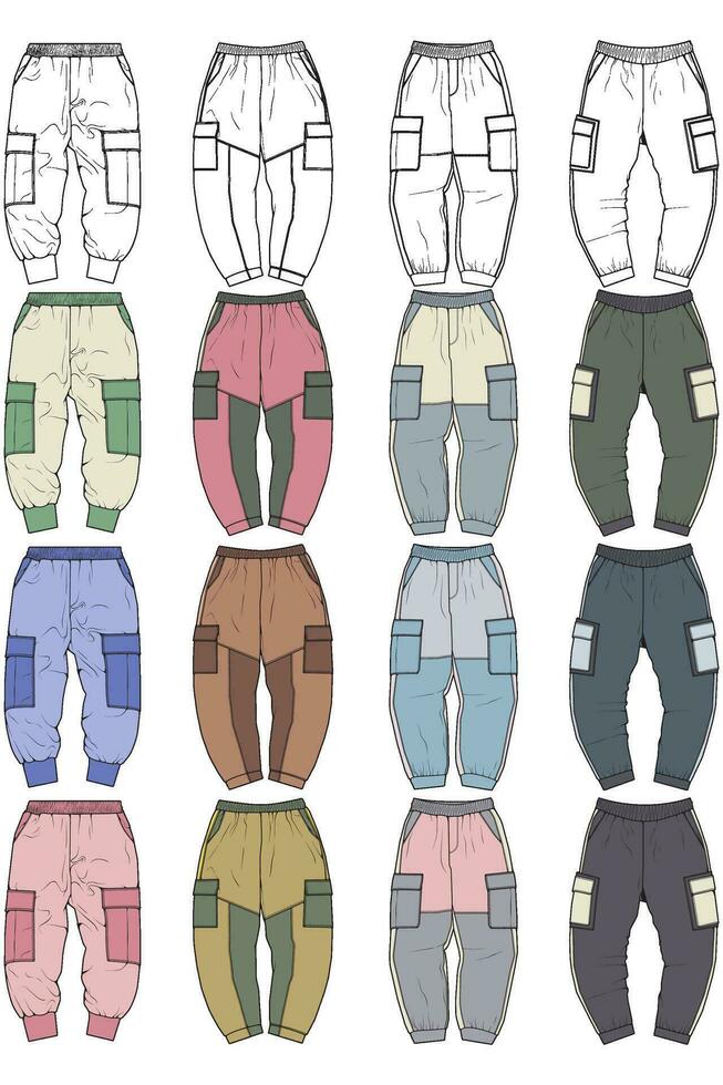 Cargo Pants colorful fashion hand drawing technical  template. Cargo pocket fashion mockup for training. vector
