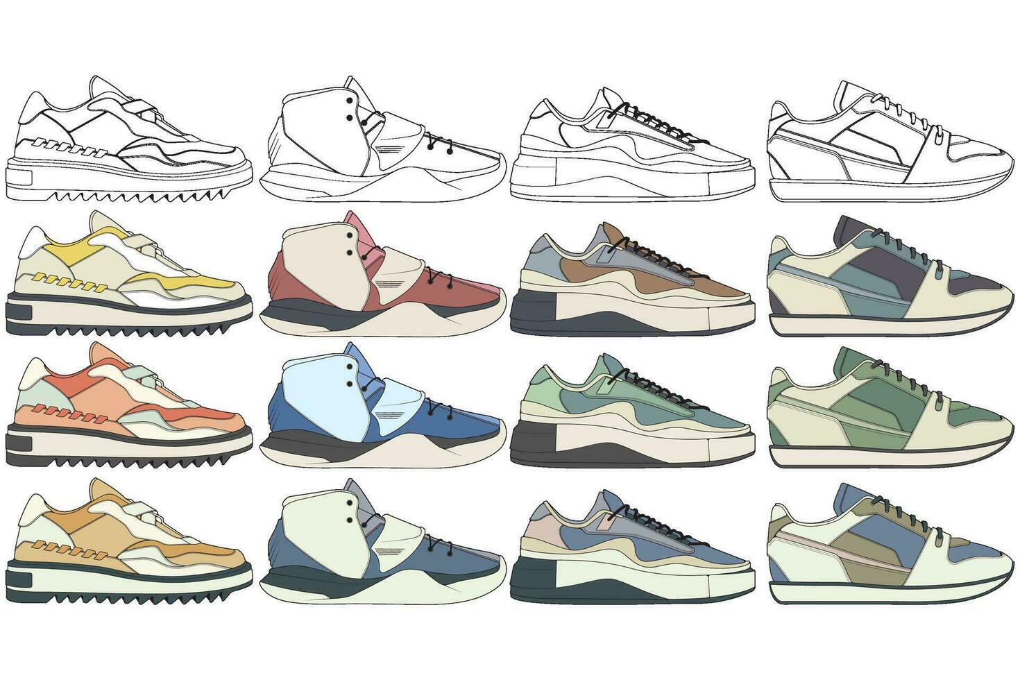 Set of shoes sneaker drawing vector, Sneakers drawn in a sketch style, bundling sneakers trainers template, vector Illustration.