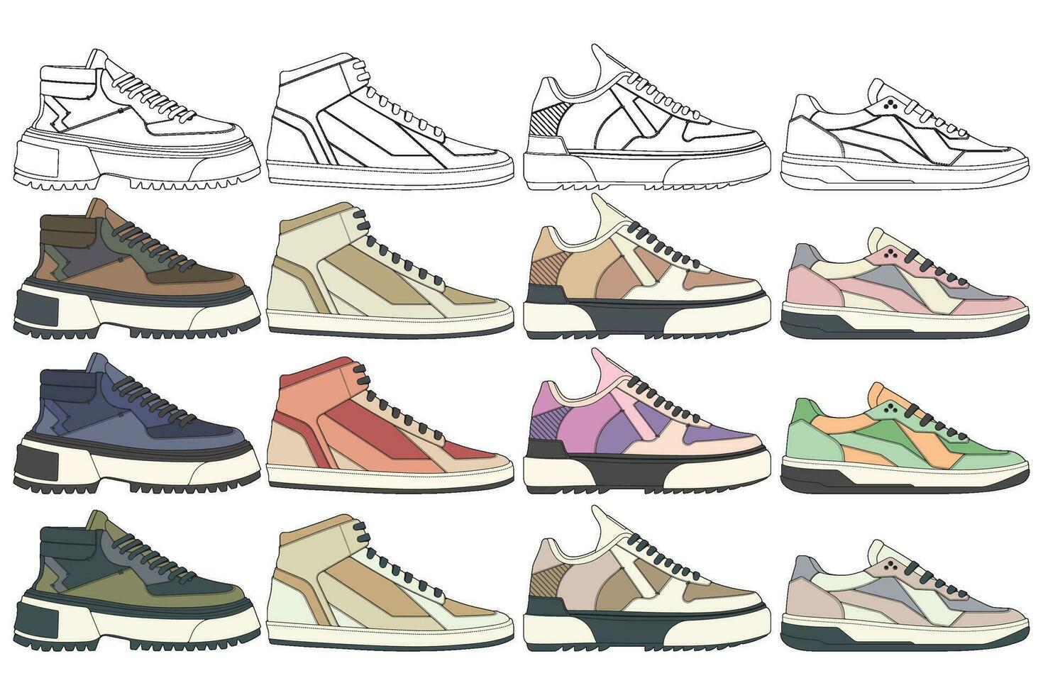 conjunto de Zapatos zapatilla de deporte dibujo vector, zapatillas dibujado en un bosquejo estilo, empaquetar zapatillas entrenadores plantilla, vector ilustración.