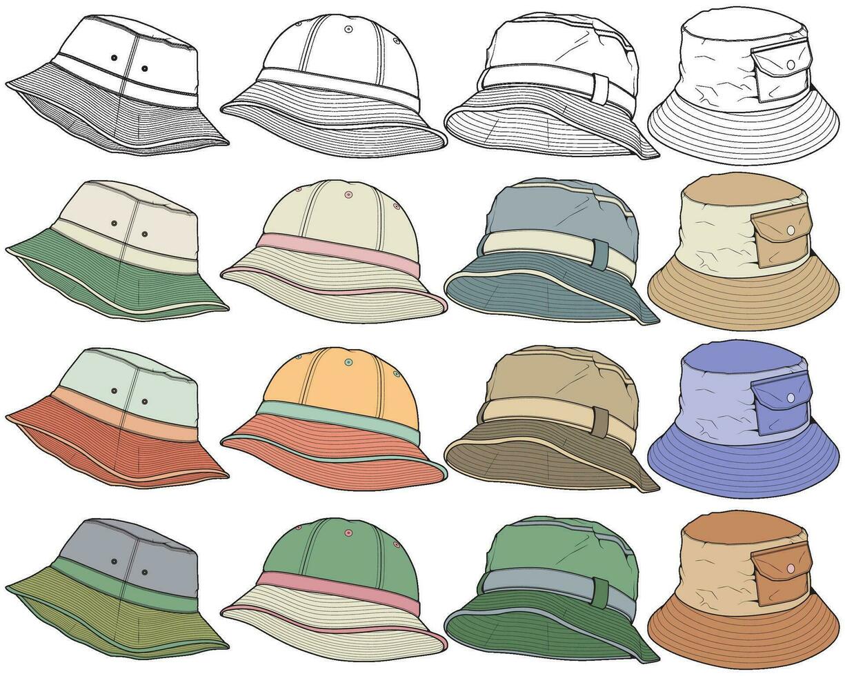 set of color full bucket hat drawing vector, color full bucket hat in a sketch style,  template color full for training, vector Illustration.