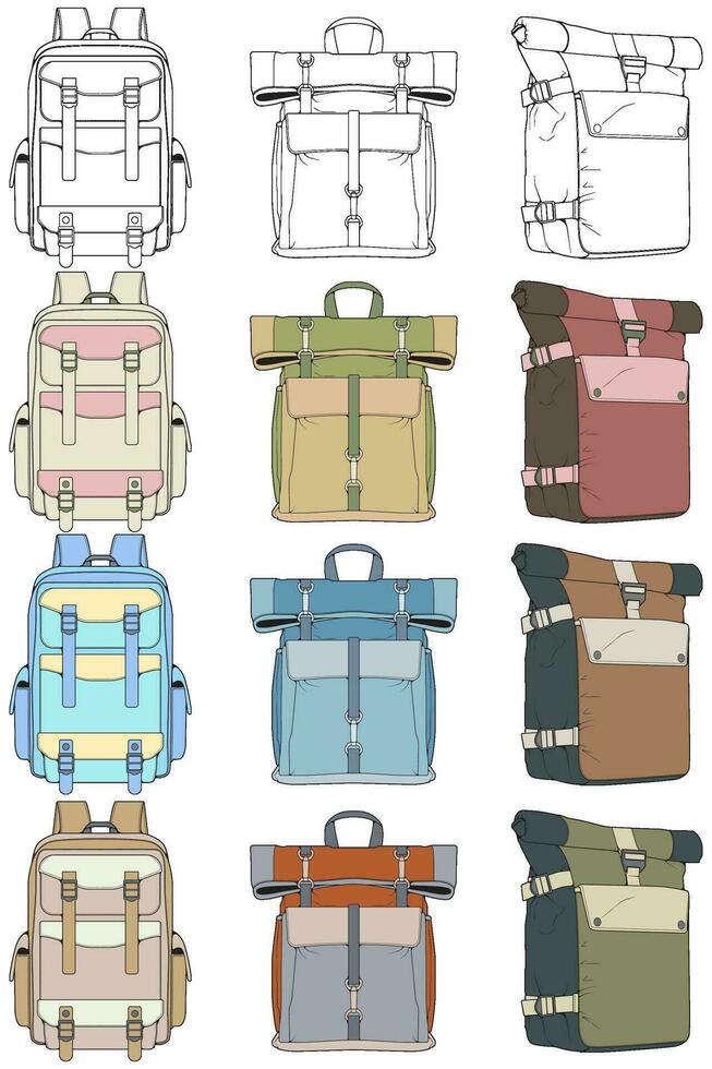 Hand drawn colorfull Vector Set of Backpacks. Cartoon Casual Backpack, cool backpack colorfull. Backpacks Vector illustration.