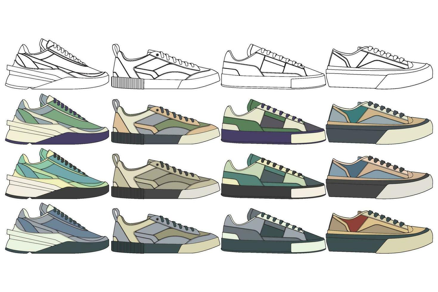 Set of sneakers illustration in colorful drawings, sneakers vector line art isolated, bundling shoe illustration template.
