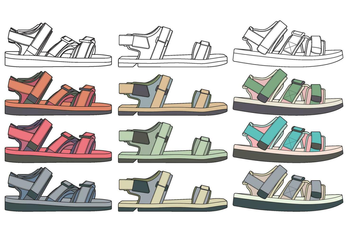 Strap sandals coloring drawing vector, strap sandals drawn in a sketch style, bundling strap sandals template full color, vector Illustration.