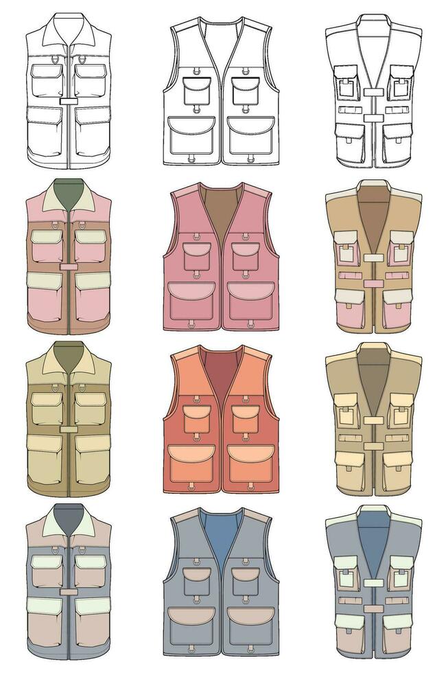 full color vector drawing vest set, vest with sketch style, training template vector vest, vector illustration.