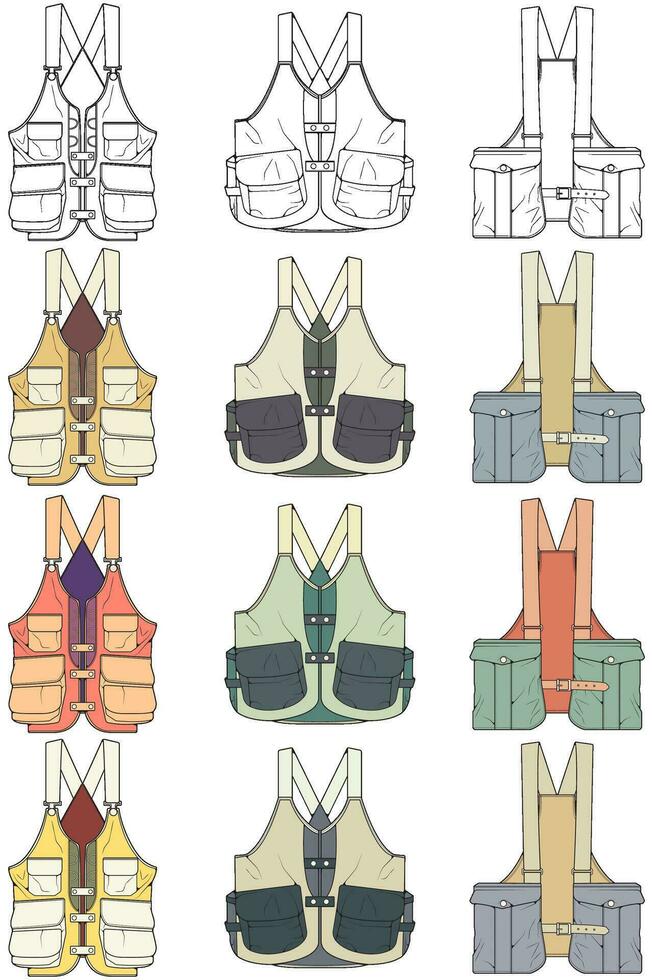 full color vector drawing vest set, vest with sketch style, training template vector vest, vector illustration.