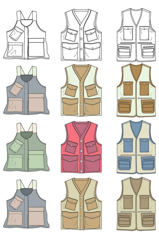 full color vector drawing vest set, vest with sketch style, training template vector vest, vector illustration.