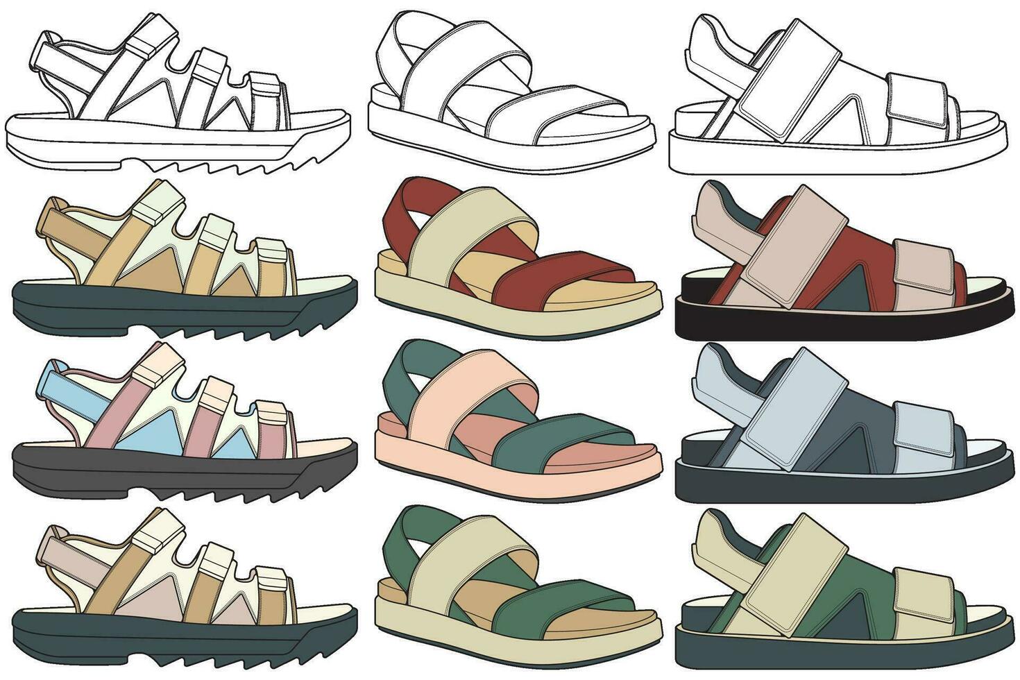 Strap sandals coloring drawing vector, strap sandals drawn in a sketch style, bundling strap sandals template full color, vector Illustration.