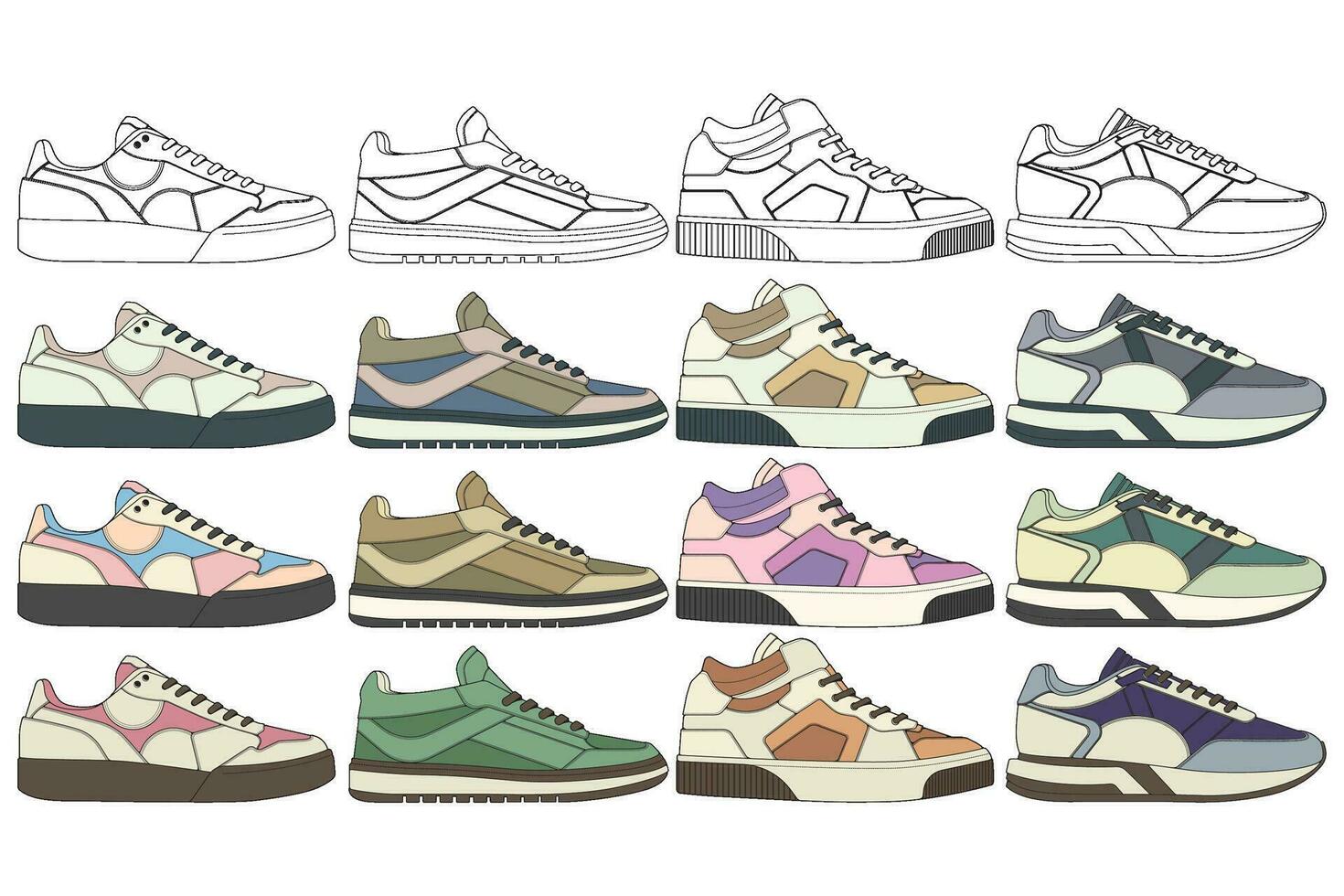 conjunto de Zapatos zapatilla de deporte dibujo vector, zapatillas dibujado en un bosquejo estilo, empaquetar zapatillas entrenadores plantilla, vector ilustración.