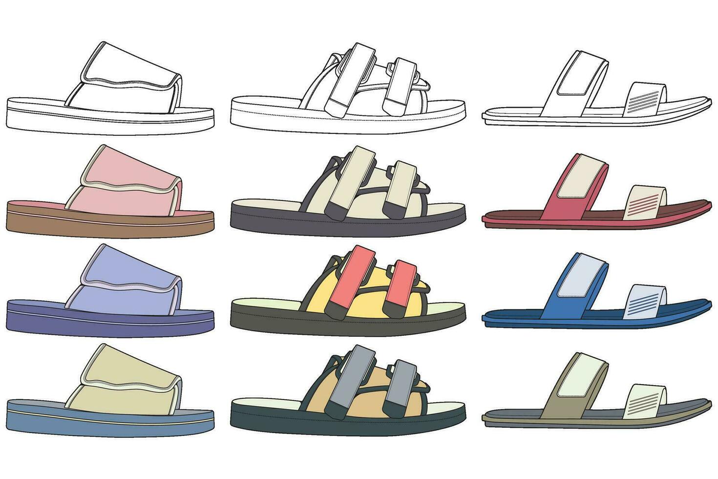 Strap sandals coloring drawing vector, strap sandals drawn in a sketch style, bundling strap sandals template full color, vector Illustration.