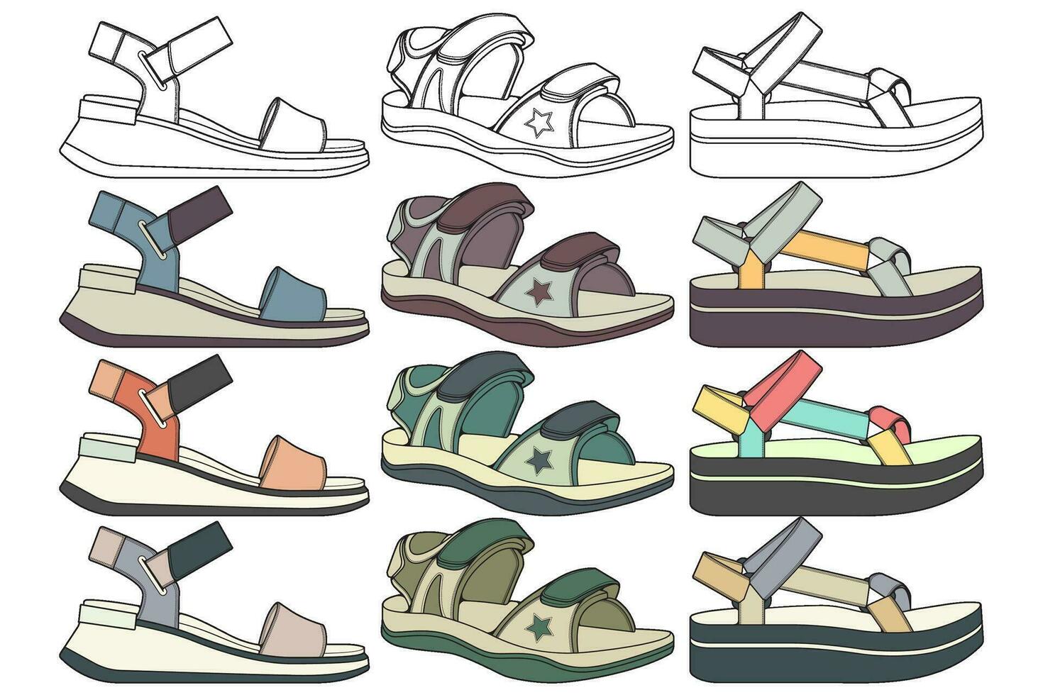 Strap sandals coloring drawing vector, strap sandals drawn in a sketch style, bundling strap sandals template full color, vector Illustration.