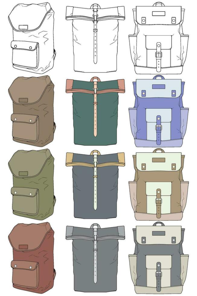 mano dibujado colorido vector conjunto de mochilas dibujos animados casual mochila, frio mochila colorido mochilas vector ilustración.