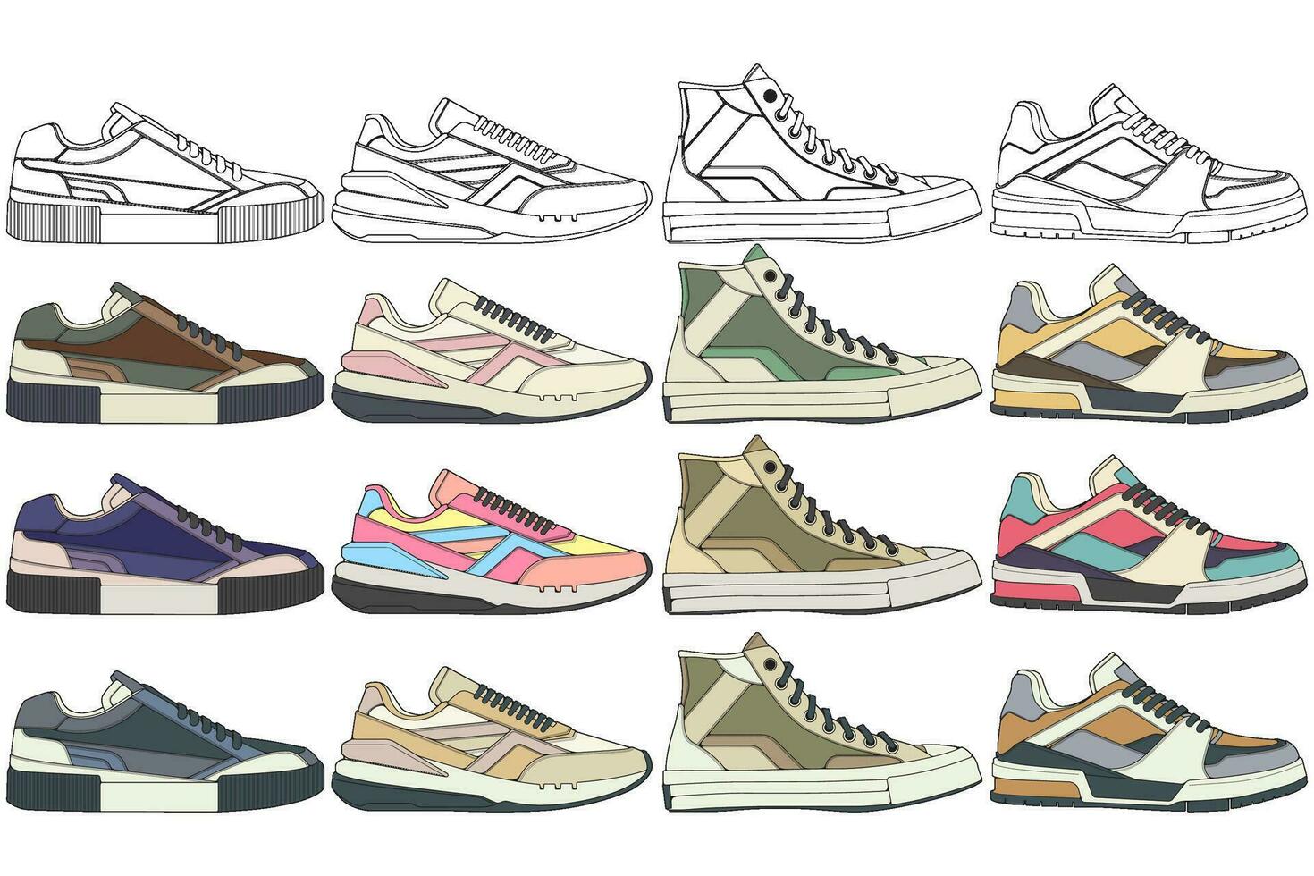 Set of sneakers illustration in colorful drawings, sneakers vector line art isolated, bundling shoe illustration template.