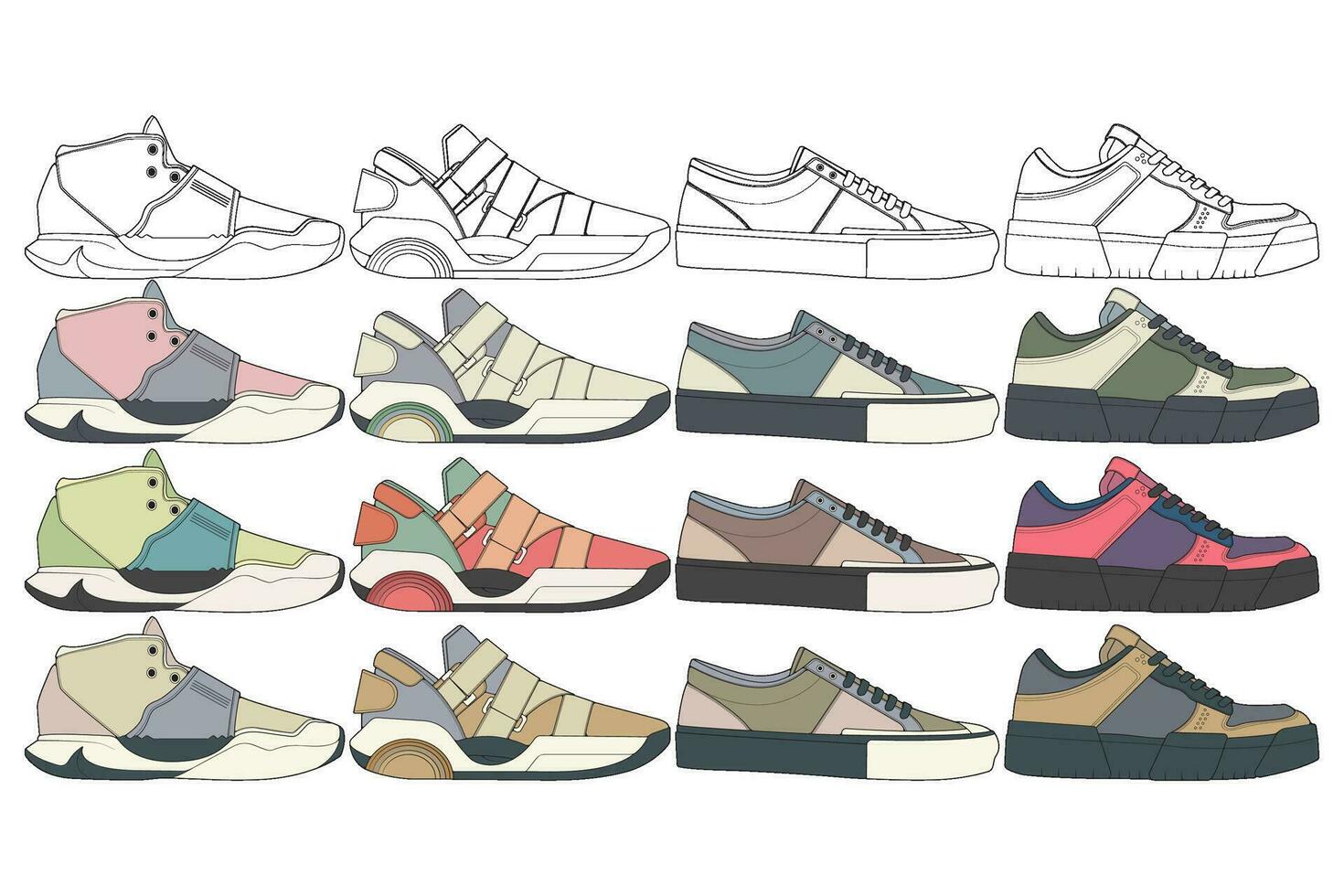 Set of sneakers illustration in colorful drawings, sneakers vector line art isolated, bundling shoe illustration template.