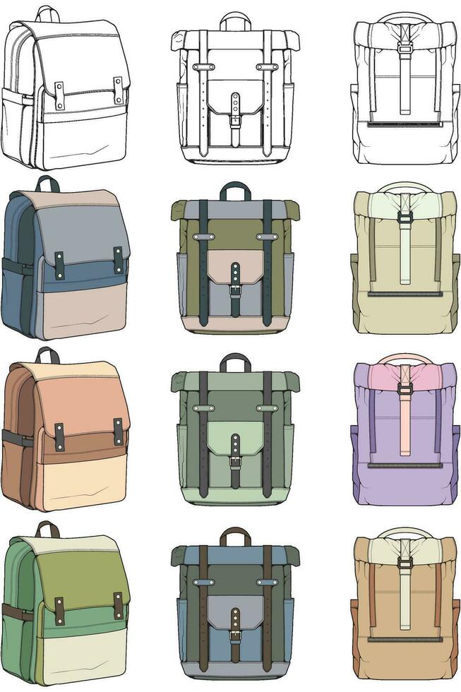 Hand drawn colorfull Vector Set of Backpacks. Cartoon Casual Backpack, cool backpack colorfull. Backpacks Vector illustration.