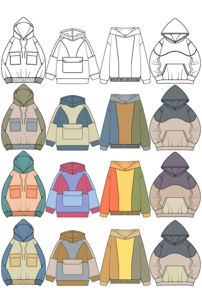 Oversized hoodie technical fashion illustration with relaxed fit, long sleeves. Flat outwear jumper apparel template. Women, men, unisex sweatshirt top mockup vector