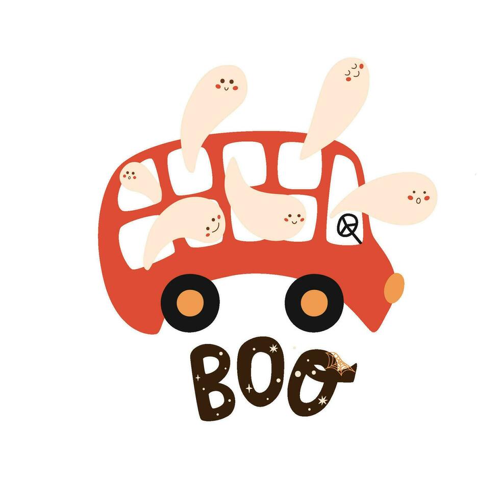 Ghosts on the bus going to celebrate Halloween. Cartoon ghost car greeting card with text BOO isolated element. Autumn vector illustration. Cute childish design.