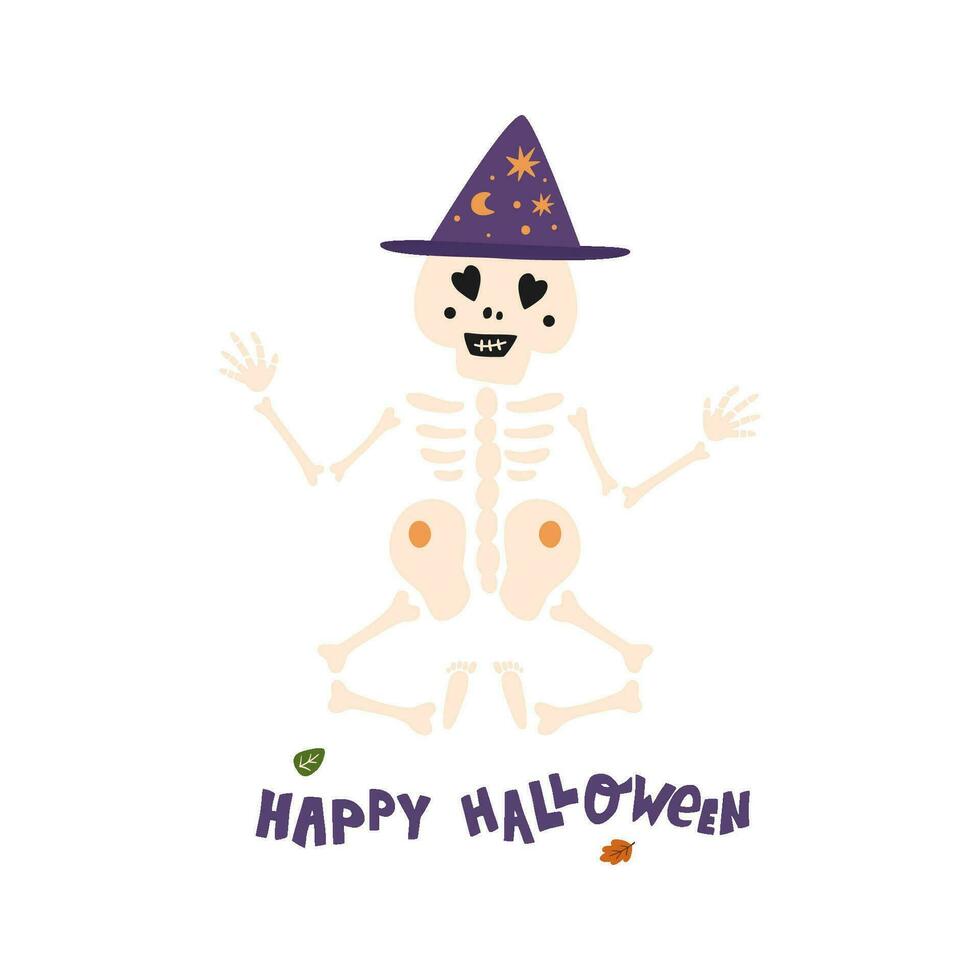 Halloween skeleton cartoon character in yoga pose Funny dead person isolated element for Halloween party celebration, cute festive. Vector illustration for banner, poster, greeting card, invitation.