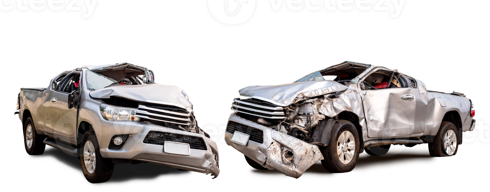 PNG format. Set of Back and side view of gray or bronze pickup car get damaged by accident on the road. damaged cars after collision. isolated on transparent background