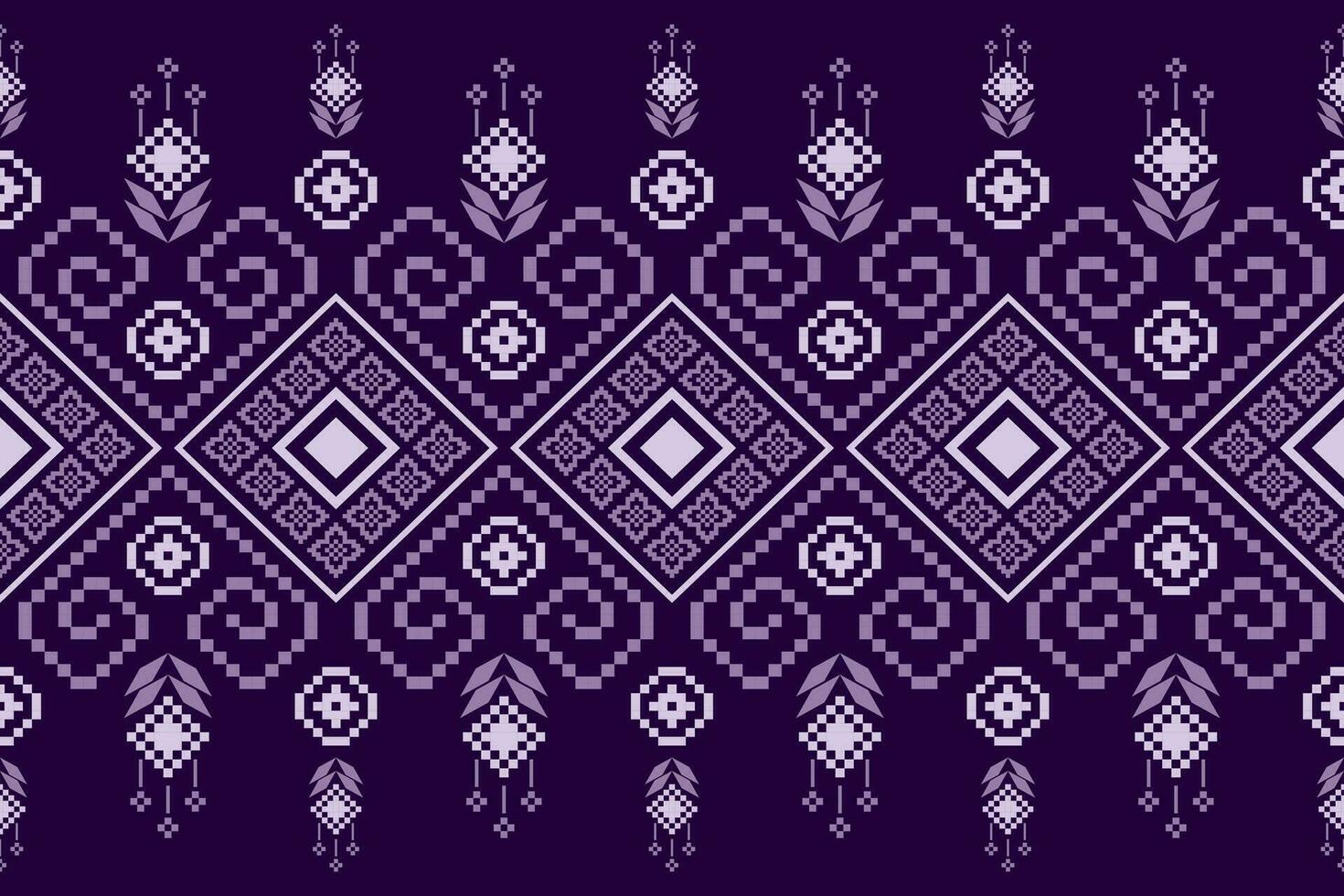 Purple cross stitch traditional ethnic pattern paisley flower Ikat background abstract Aztec African Indonesian Indian seamless pattern for fabric print cloth dress carpet curtains and sarong vector