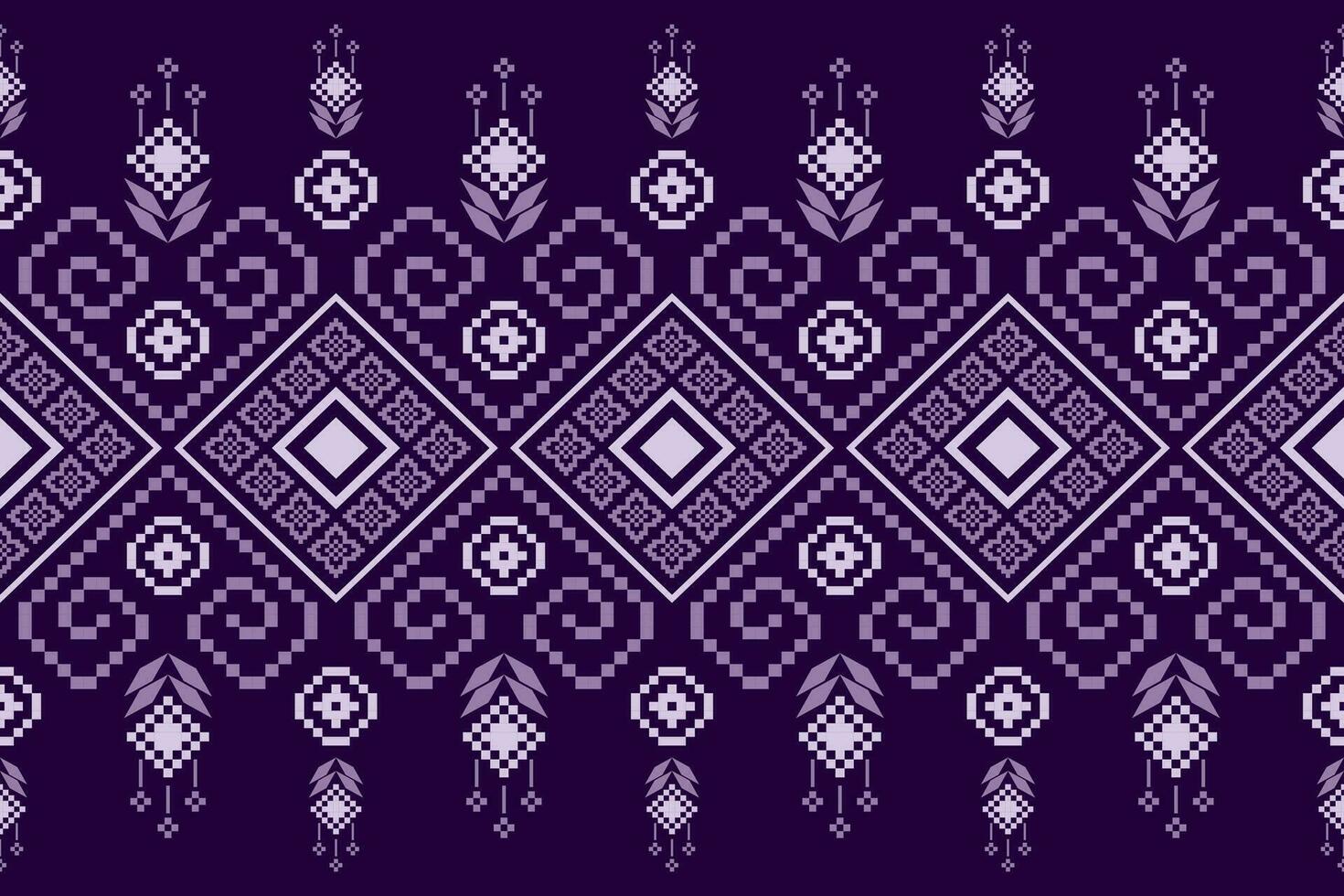 Purple cross stitch traditional ethnic pattern paisley flower Ikat background abstract Aztec African Indonesian Indian seamless pattern for fabric print cloth dress carpet curtains and sarong vector