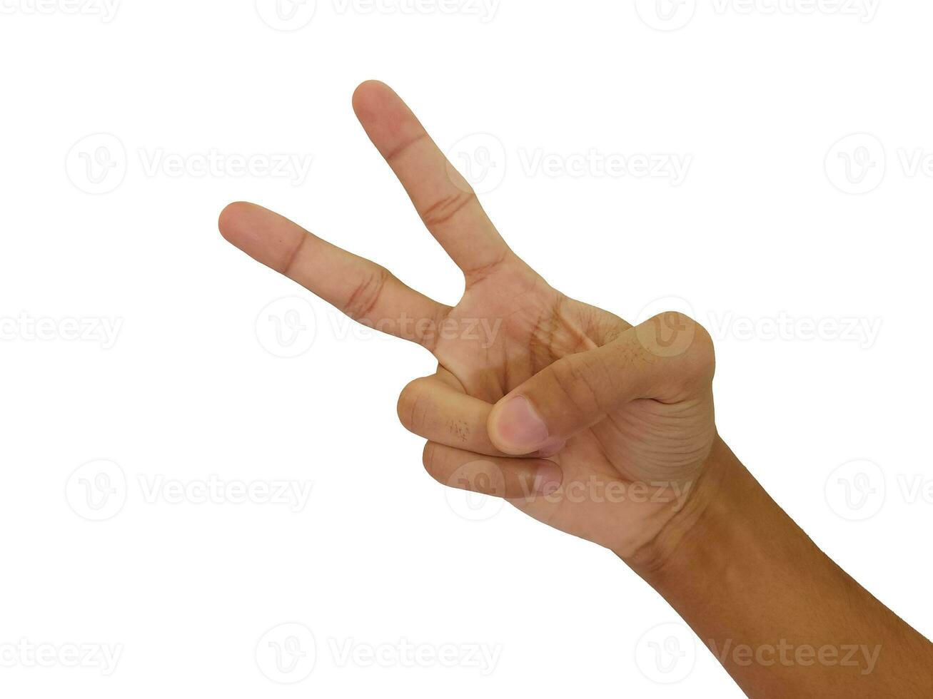 Man hand showing Victory sign isolated on white background photo