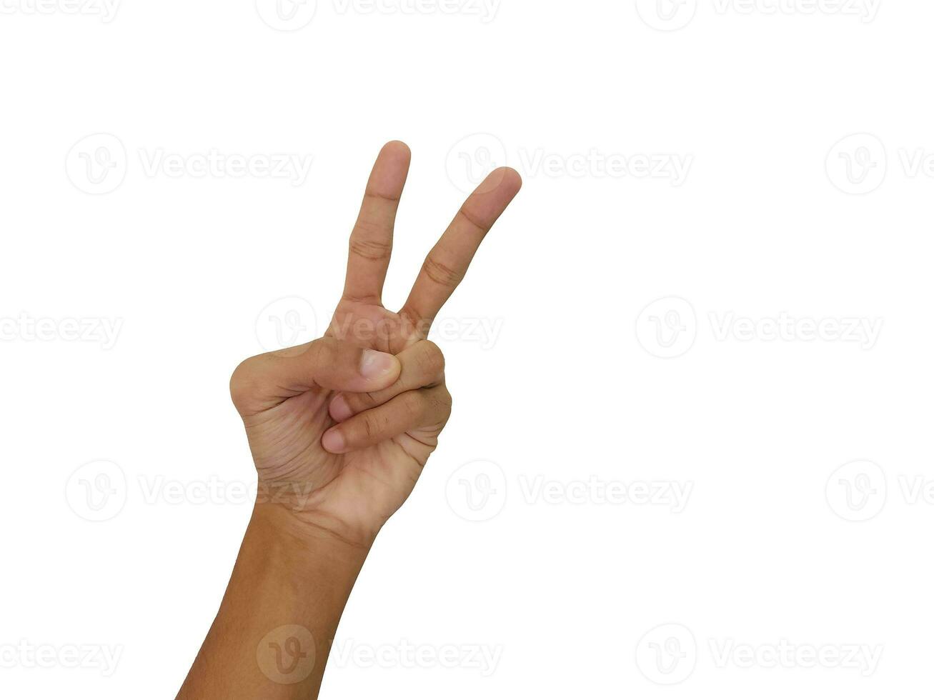 Man hand showing Victory sign isolated on white background photo