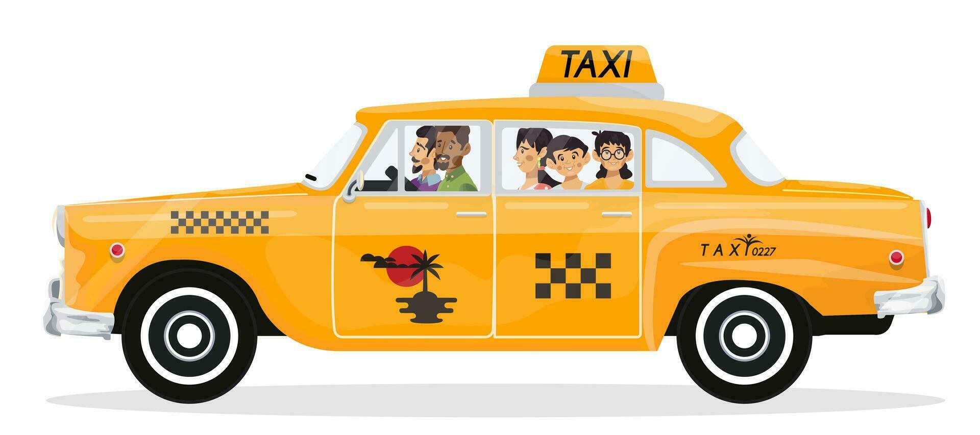 Vector illustration of happy family go on a retro taxi on holiday.