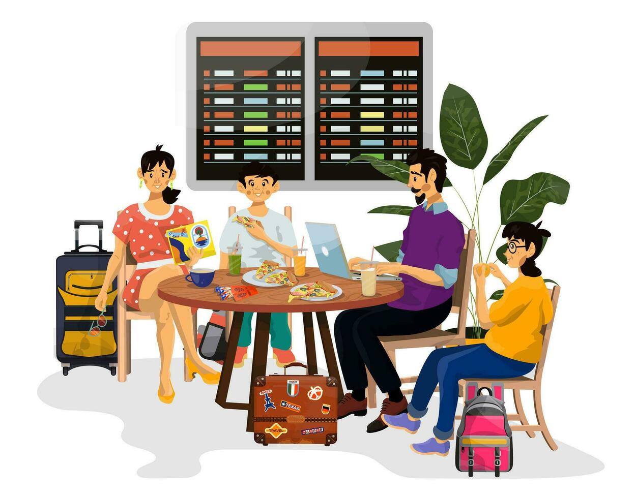 Vector illustration of Duty Free Shop and cafe in an airport and family spend time and eating there.