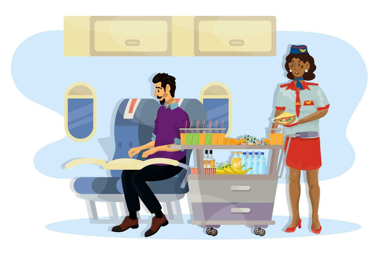 Vector flat illustration of stewardess serving food on plane.
