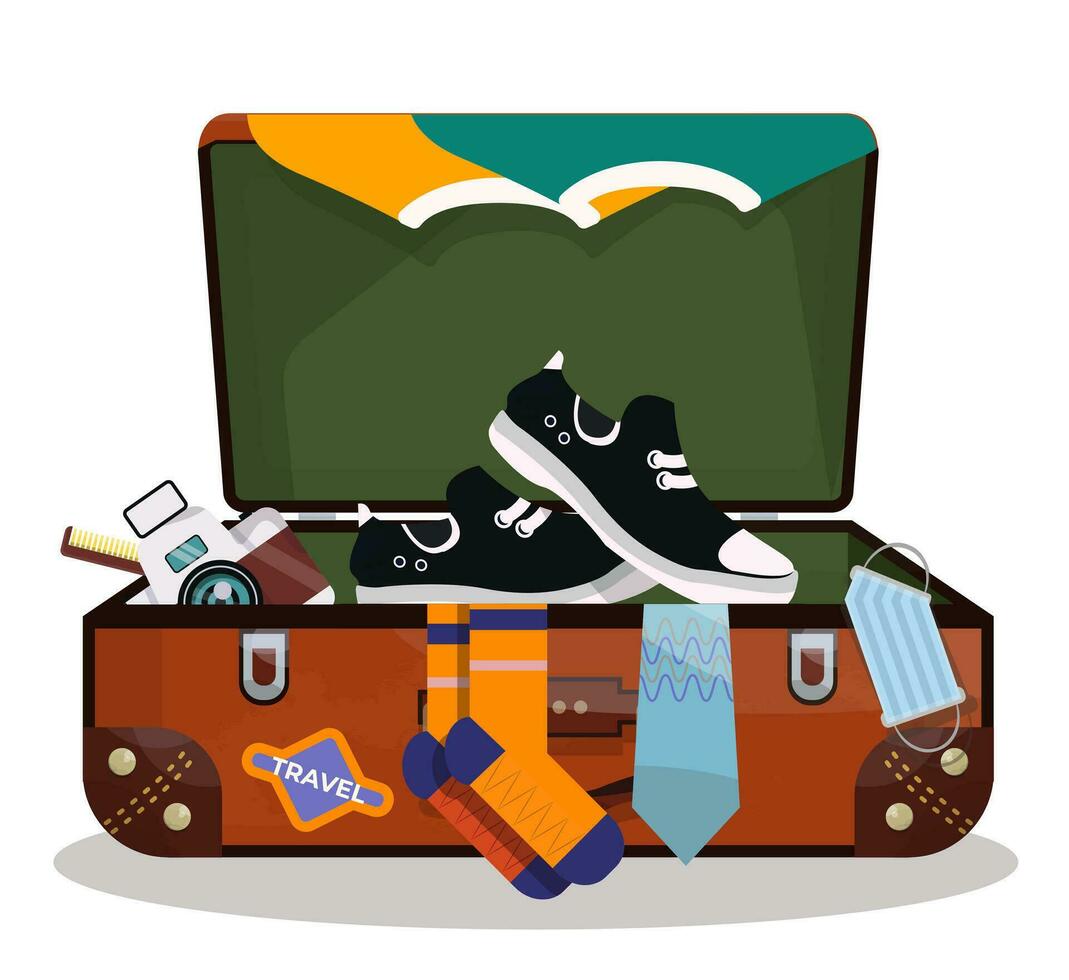 Open suitcase with shoes and accessories in cartoon style on white background. vector