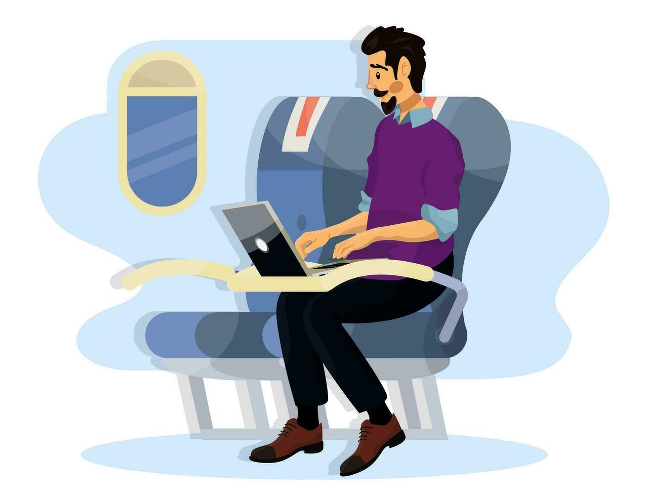 Vector flat illustration of passengers in a cabin of plane during the flight.