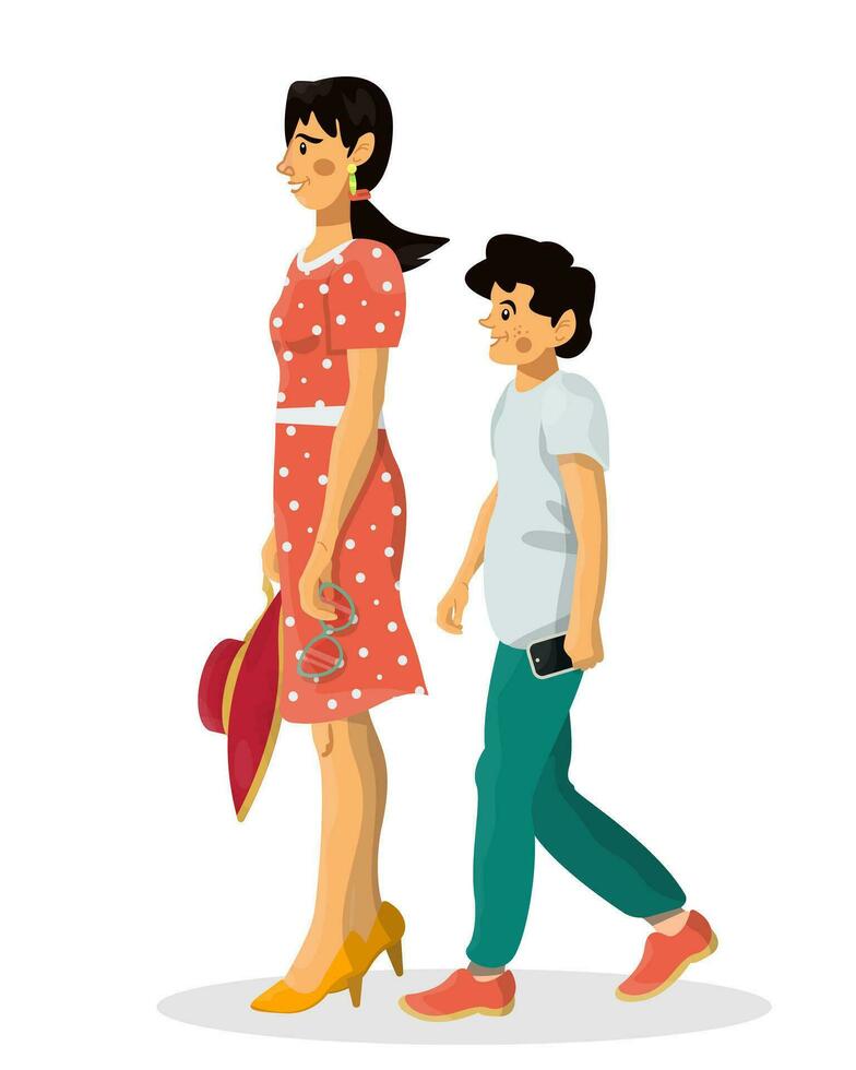 Mother with her happy son walking. Cartoon vector illustration of single parent with child.