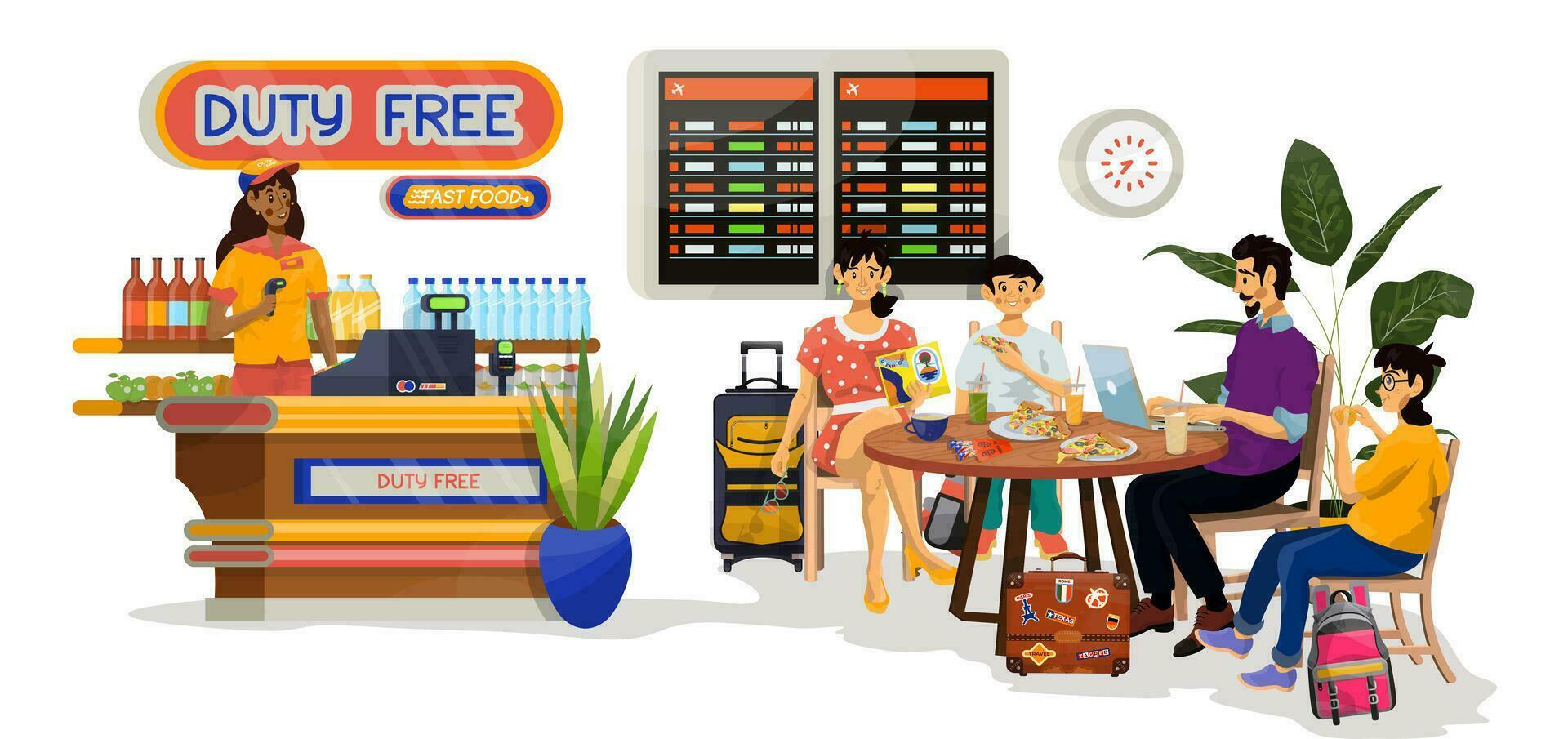 Vector illustration of Duty Free Shop and cafe in an airport and family spend time and eating there.