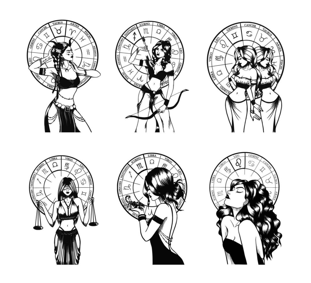 Hand drawn illustrations and silhouettes of monochrome arts of astrological signs and beauty women. vector
