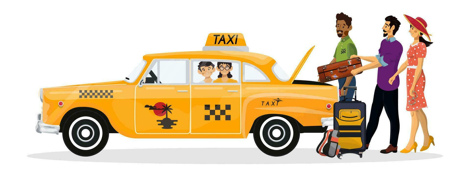 Vector illustration of happy family go on a retro taxi on holiday. Black Taxi Driver helps a family