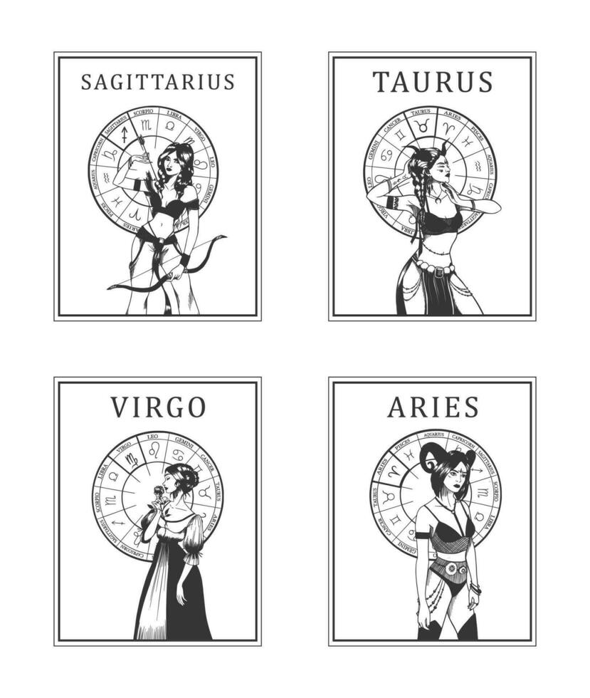 Set of vector illustrations of monochrome cards with astrological signs and romantic beauty women.