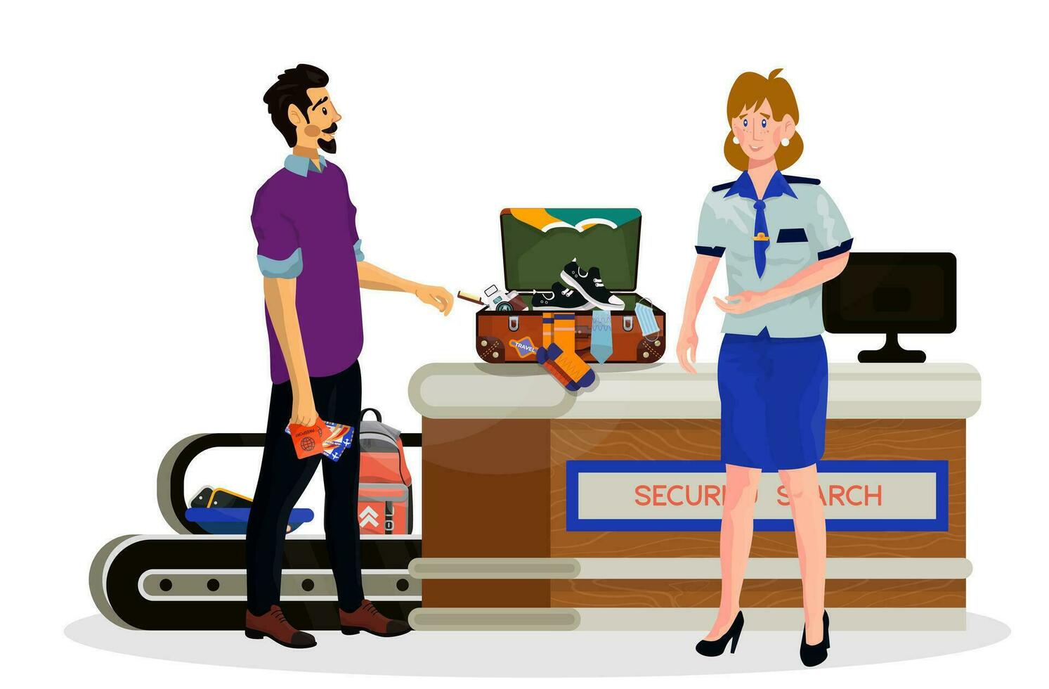 vector ilustración de escritorio de seguridad buscar con inspector y pasajeros o turistas en aeropuerto.