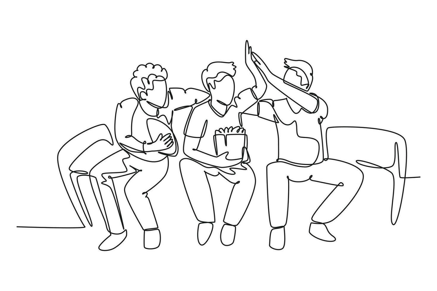 Single continuous line drawing young happy fans siting on sofa and watching their favorite club playing the match on the television. Fans club concept. One line draw graphic design vector illustration