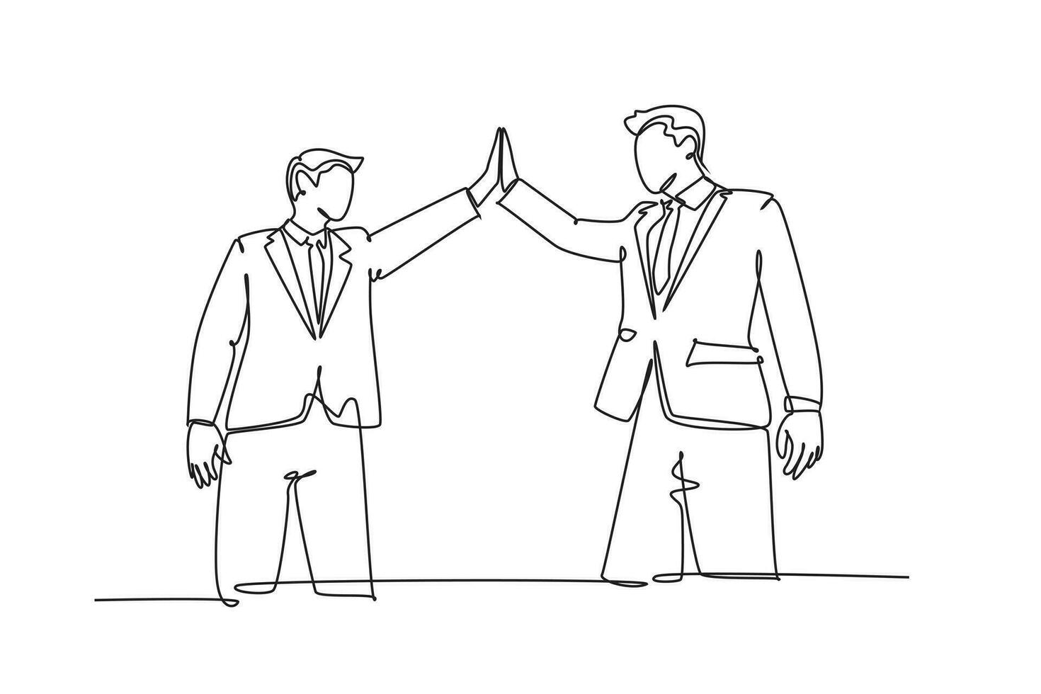 Single continuous line drawing of two young happy businessmen celebrating their successive goal with high five gesture together. Business deal concept. One line draw graphic design vector illustration