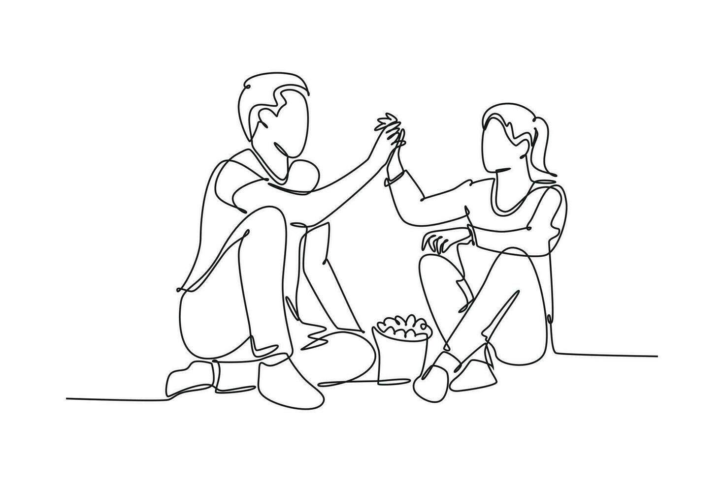 Single continuous line drawing of young happy couple male and female relaxing and spending time together eating popcorn. Romantic relationship concept. One line draw graphic design vector illustration