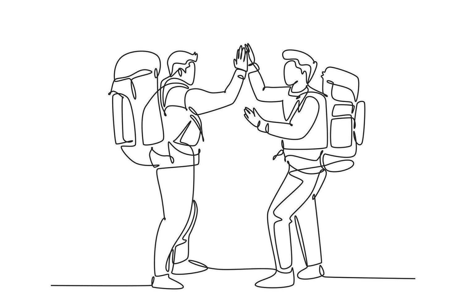 Single continuous line drawing of two young happy tourist carrying backpack to go to holiday and gives high five gesture. Backpacker traveling. Dynamic one line draw graphic design vector illustration