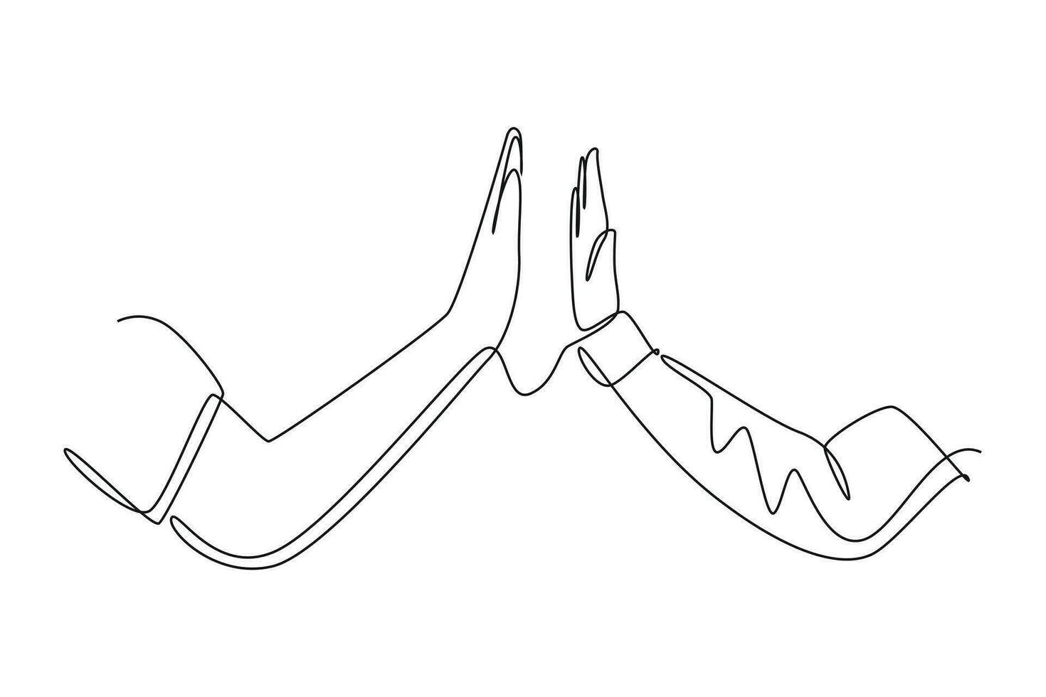 Single one line drawing two men giving high fives gesture hands wearing office clothes to celebrate success. Business teamwork concept. Modern continuous line draw design graphic vector illustration