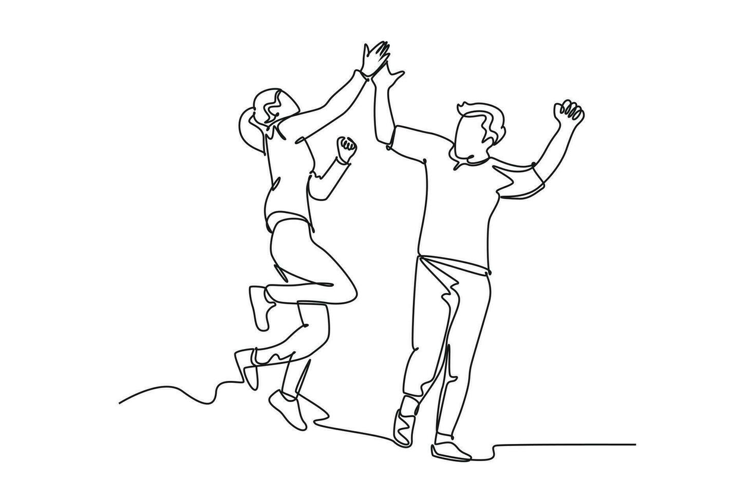 Continuous one line drawing young happy couple male and pretty female so happy, jumping give high five gesture together. Business teamwork concept. Single line draw design vector graphic illustration