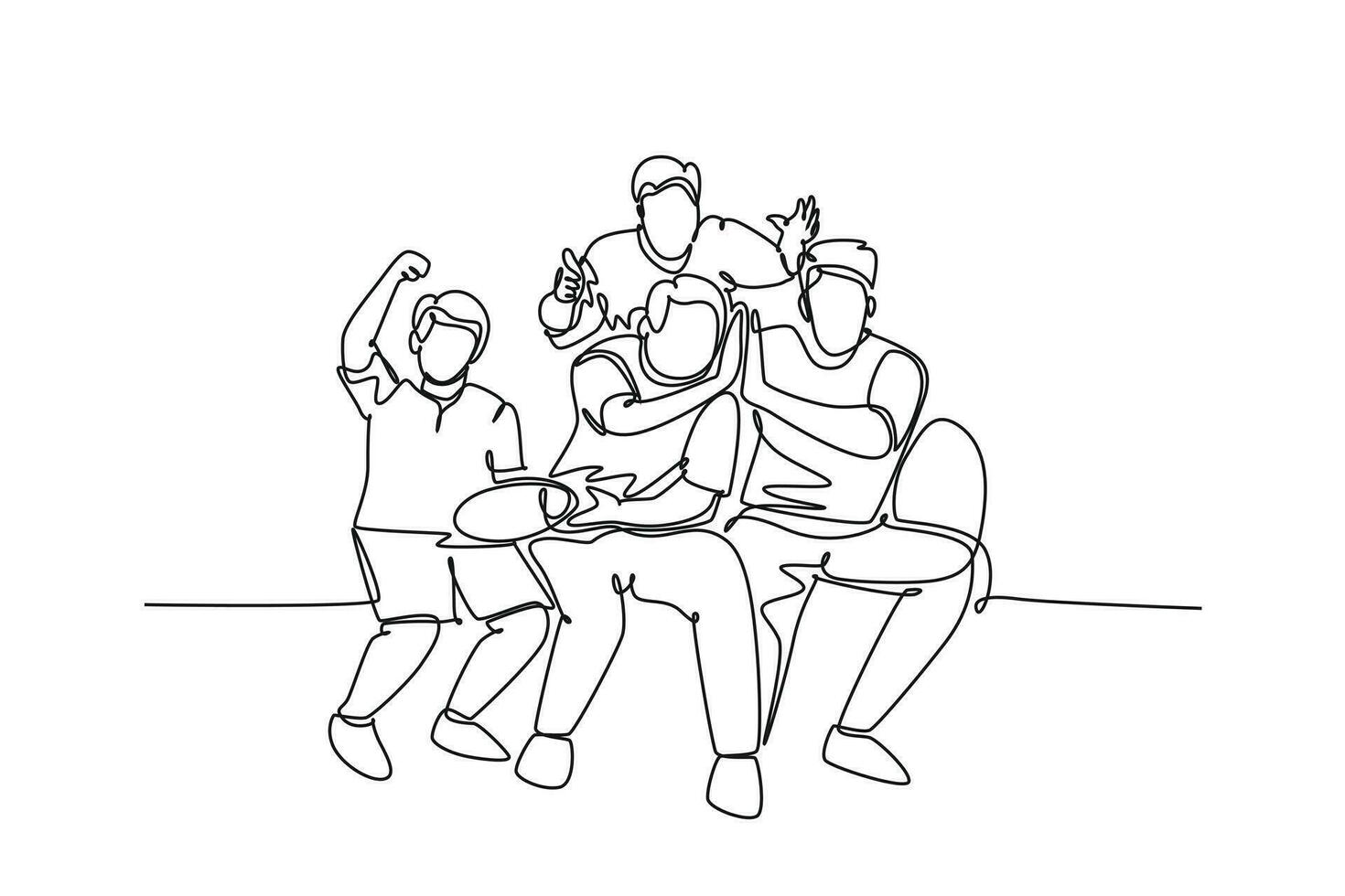 Single continuous line drawing young happy group fans siting on sofa and watching their favorite club playing the match on the television. Fans club. One line draw graphic design vector illustration