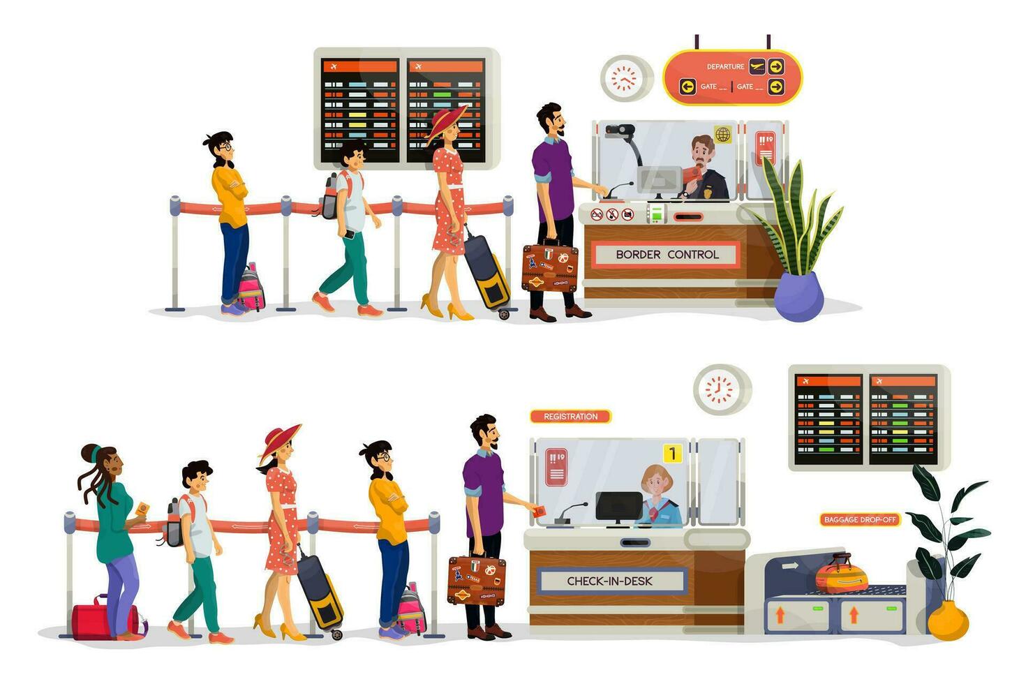 Illustration of check in desk, registration with long queue of people, passport and border control. vector