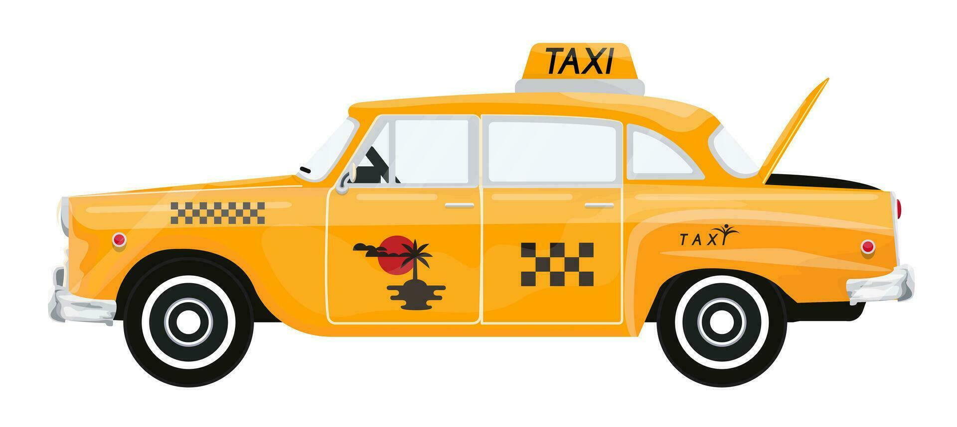 ilustración de moderno retro Taxi con Taxi conductor en blanco aislado antecedentes. vector