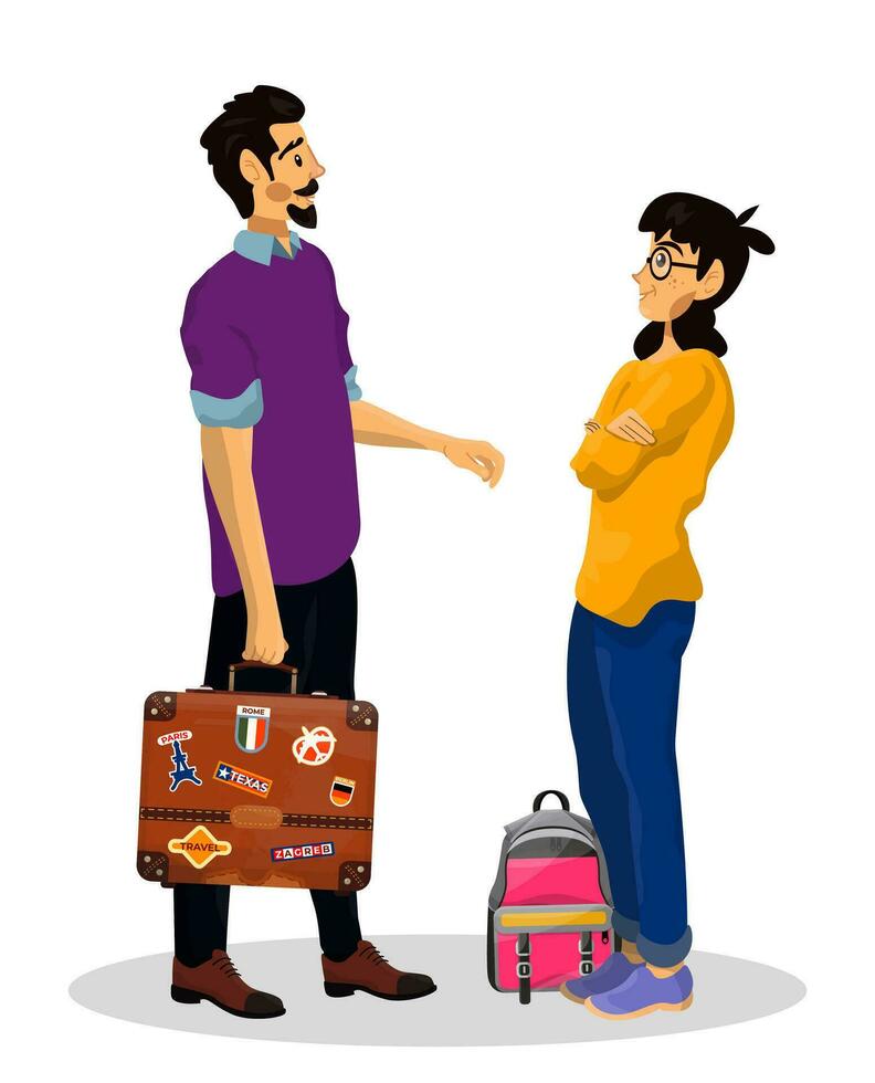 Father with his happy daughter going to summer holiday. Vector illustration of single parent.